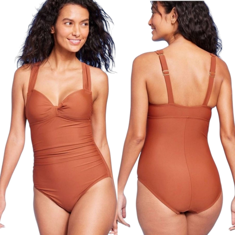 Kona Sol Rust Brown One Piece Swimsuit Swimwear Twist-Front Shirred NWT